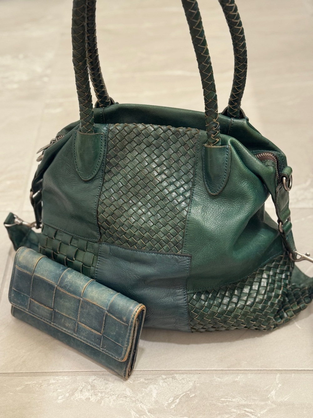 Patricia Nash Paloma Green Woven Leather Slouchy Satchel with Matching Wallet